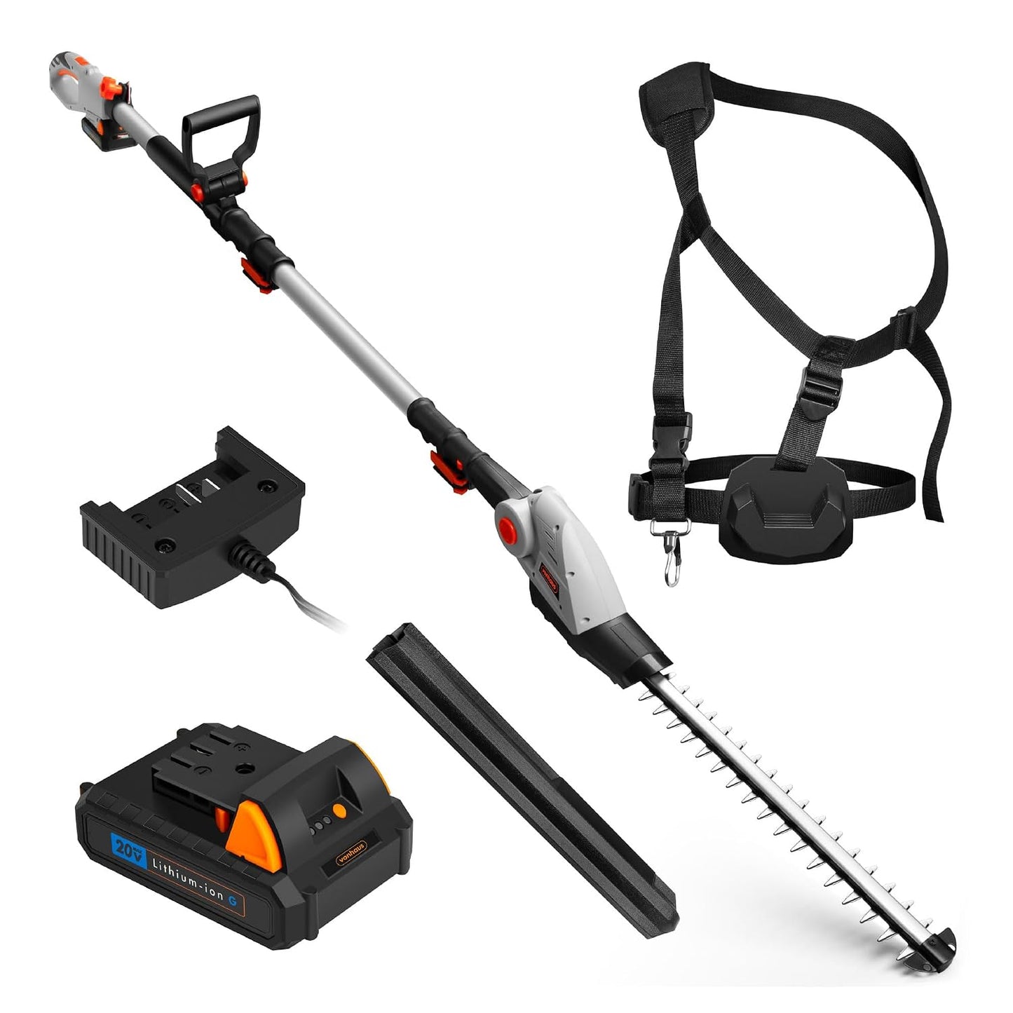 Cordless Pole Hedge Trimmer 193-244Cm 20V 2 Batteries Harness Grey
