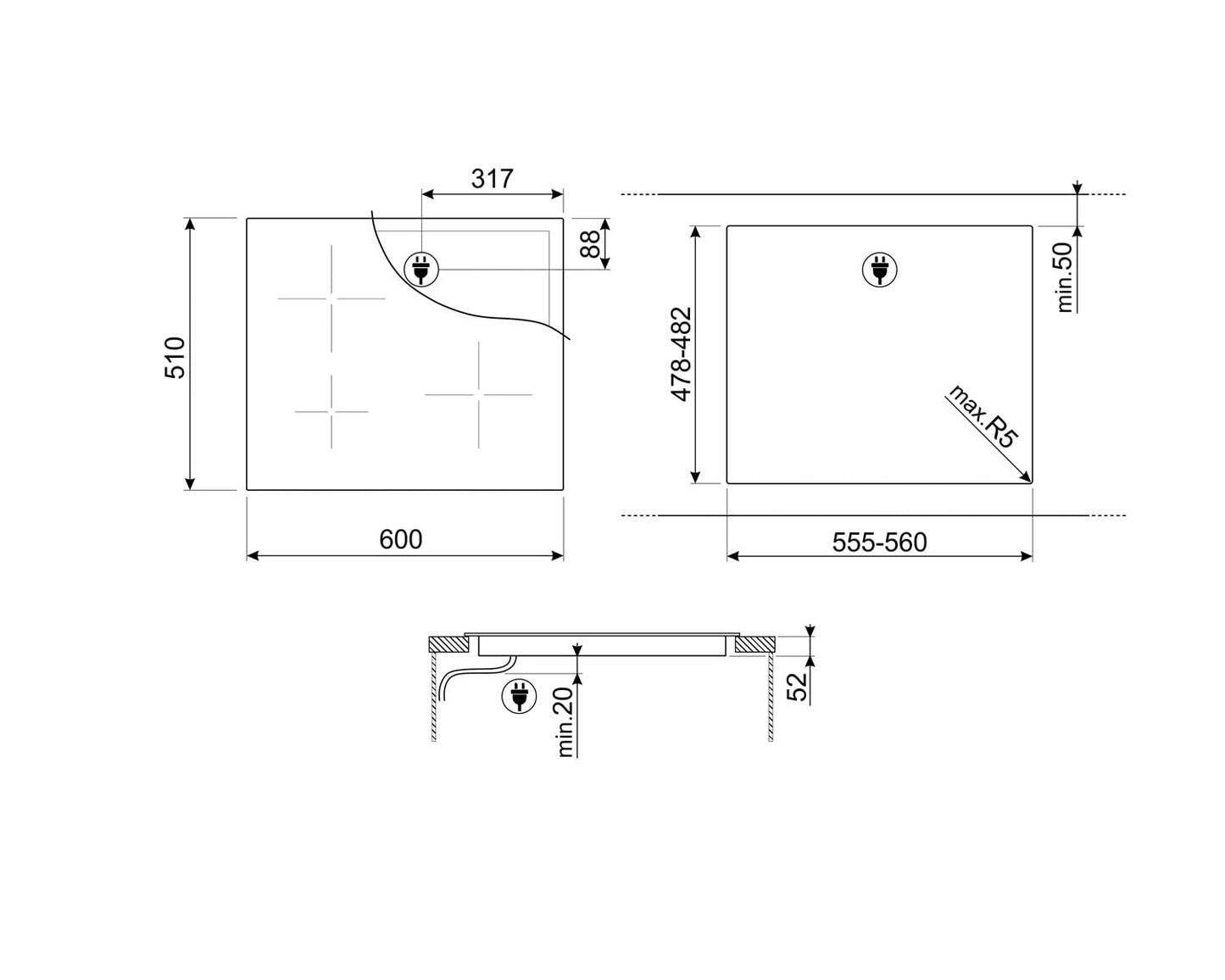 Induction Hob With 3 Heating Zones 7200W 60cm Black