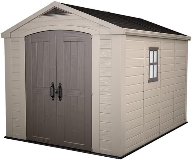 8x11ft Factor Outdoor Garden Storage Shed — Beige Resin, Steel-Reinforced