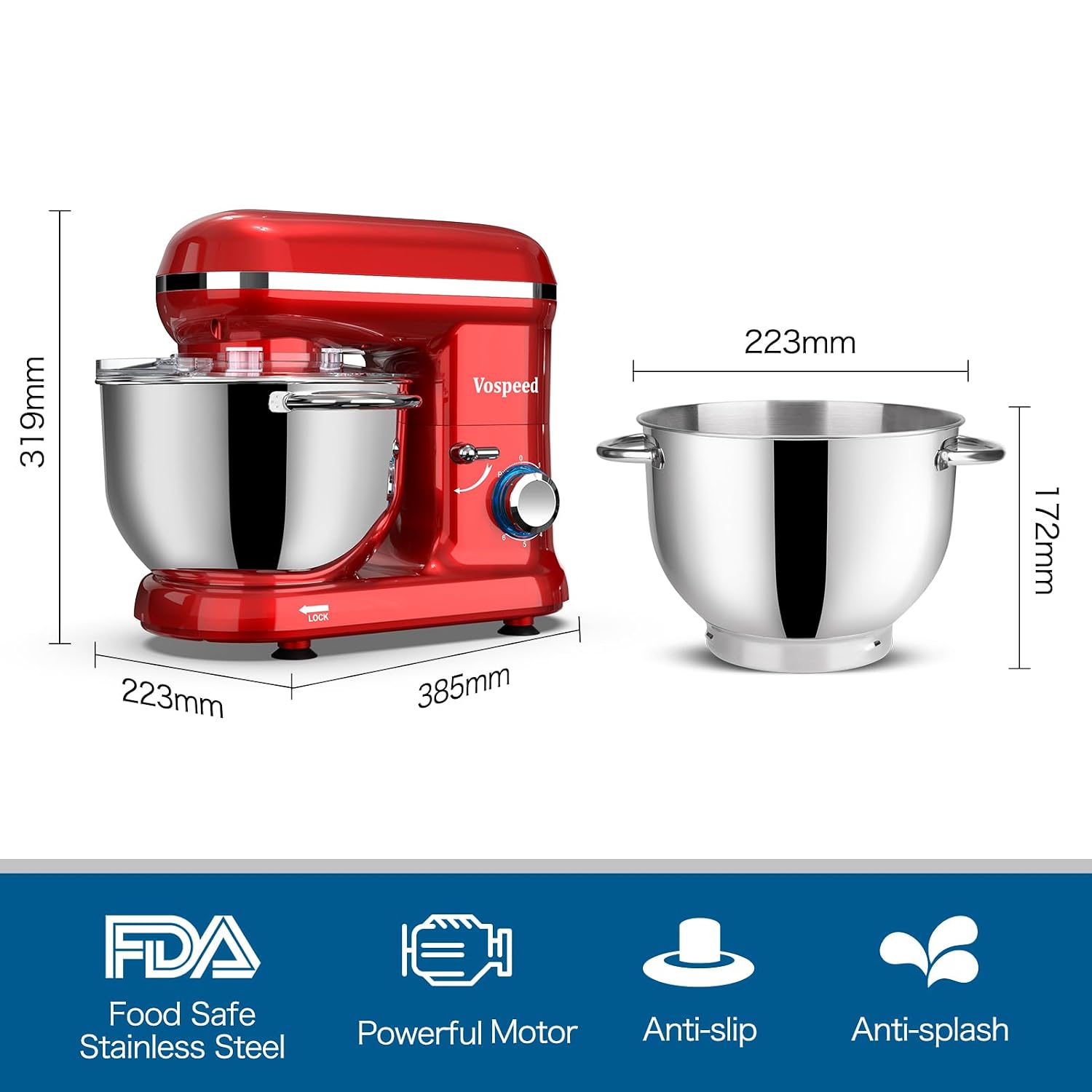 Stand Mixer 6.2L 1500W 6 Speed Red