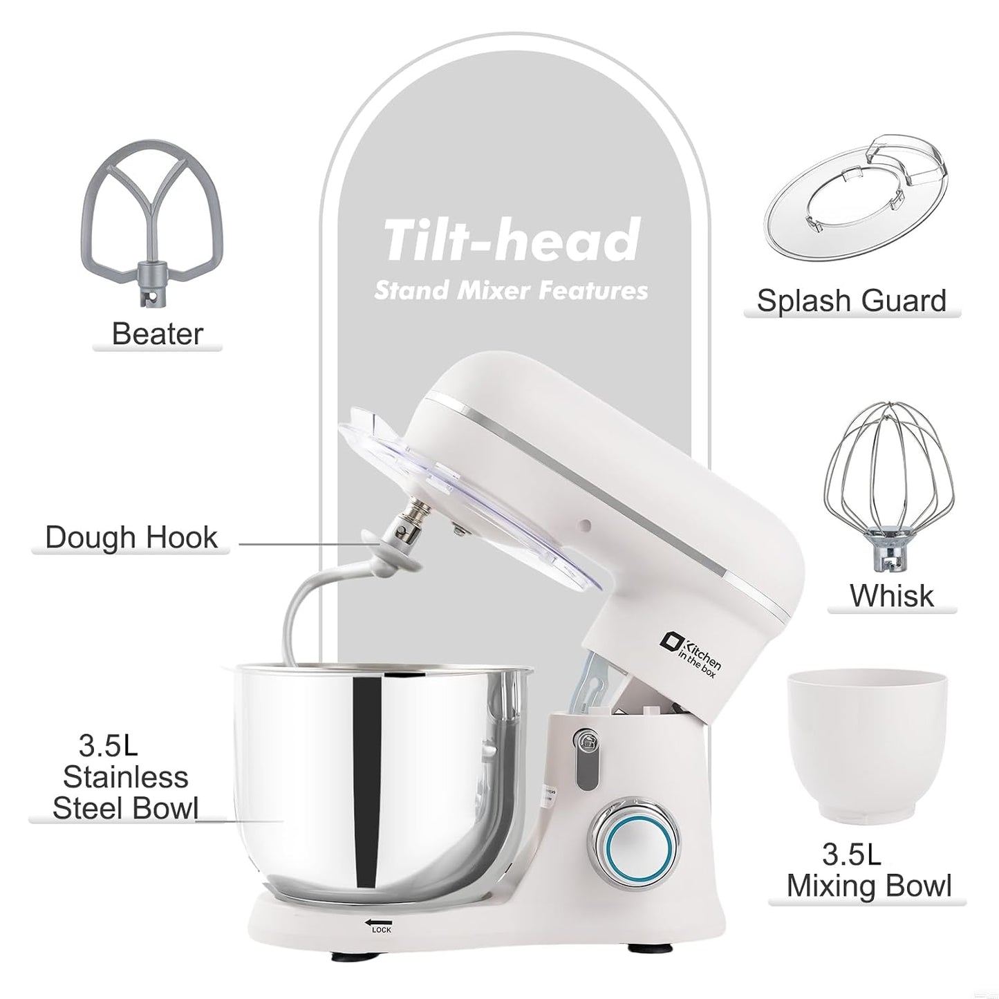 Mini Stand Mixer 3.5L 10 Speed 800W Dough Hook Whisk Beater Grey White