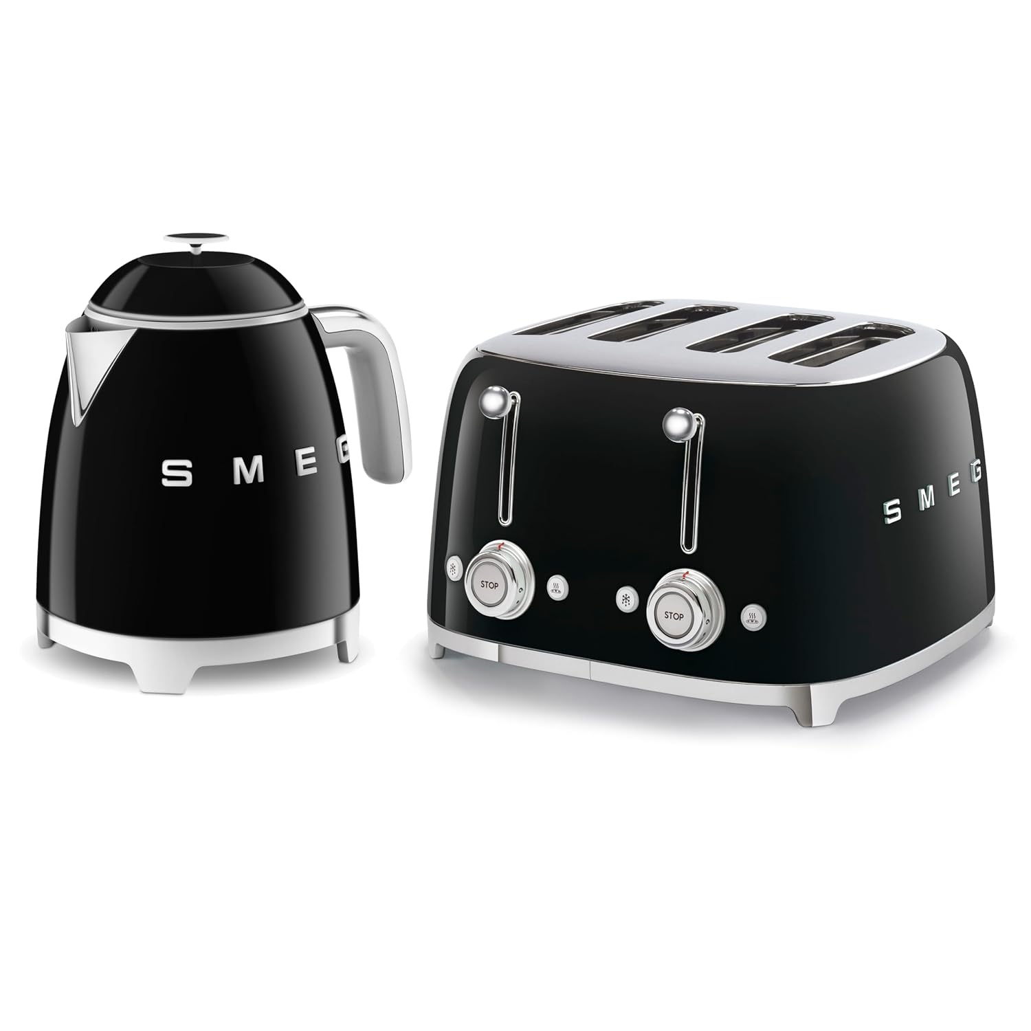 50'S Style Retro Range Breakfast Set 0.8L 1400W Mini Kettle And 4-Slice 2000W Toaster Black