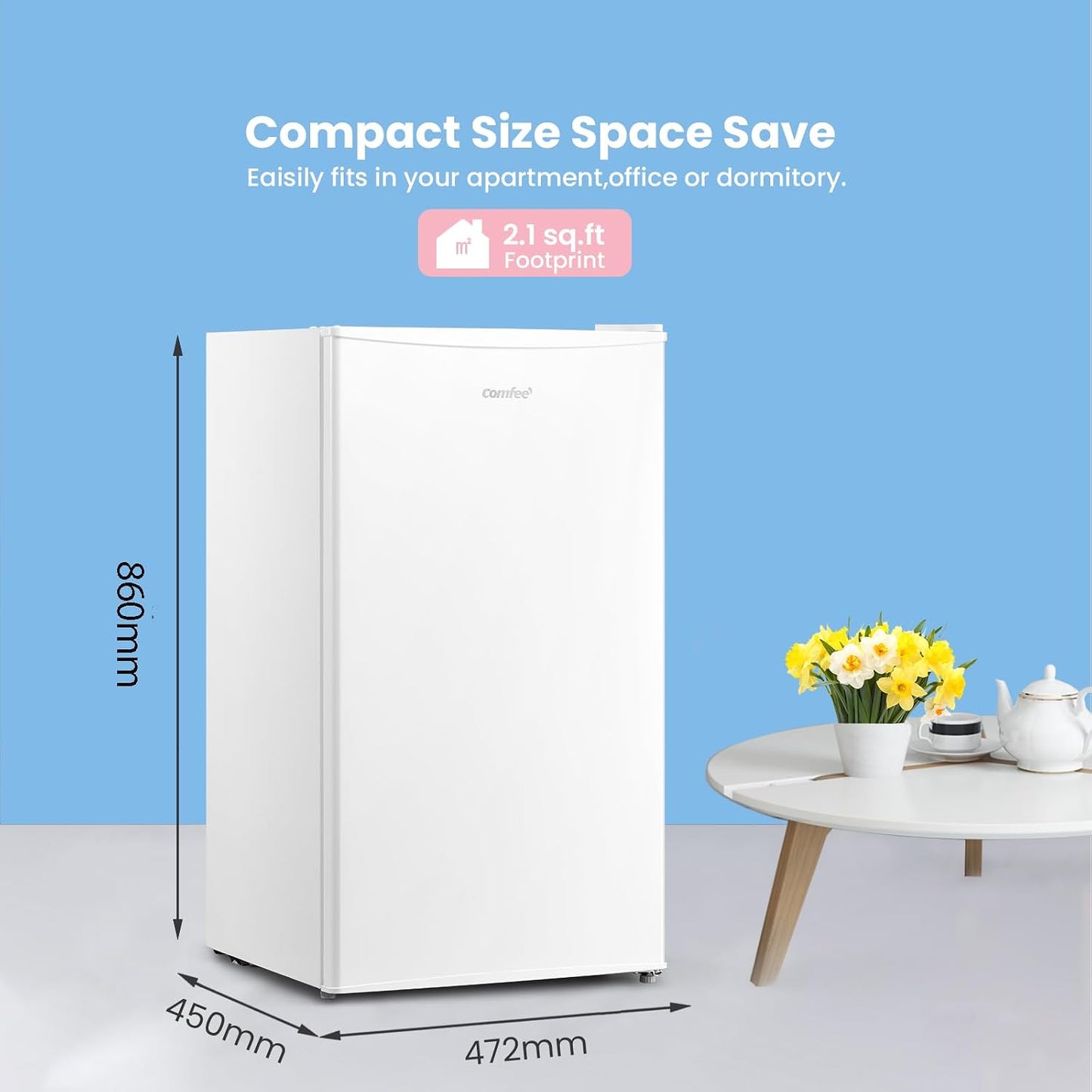 Under Counter Fridge 93L Cooler Box Interior Light Reversible Door White