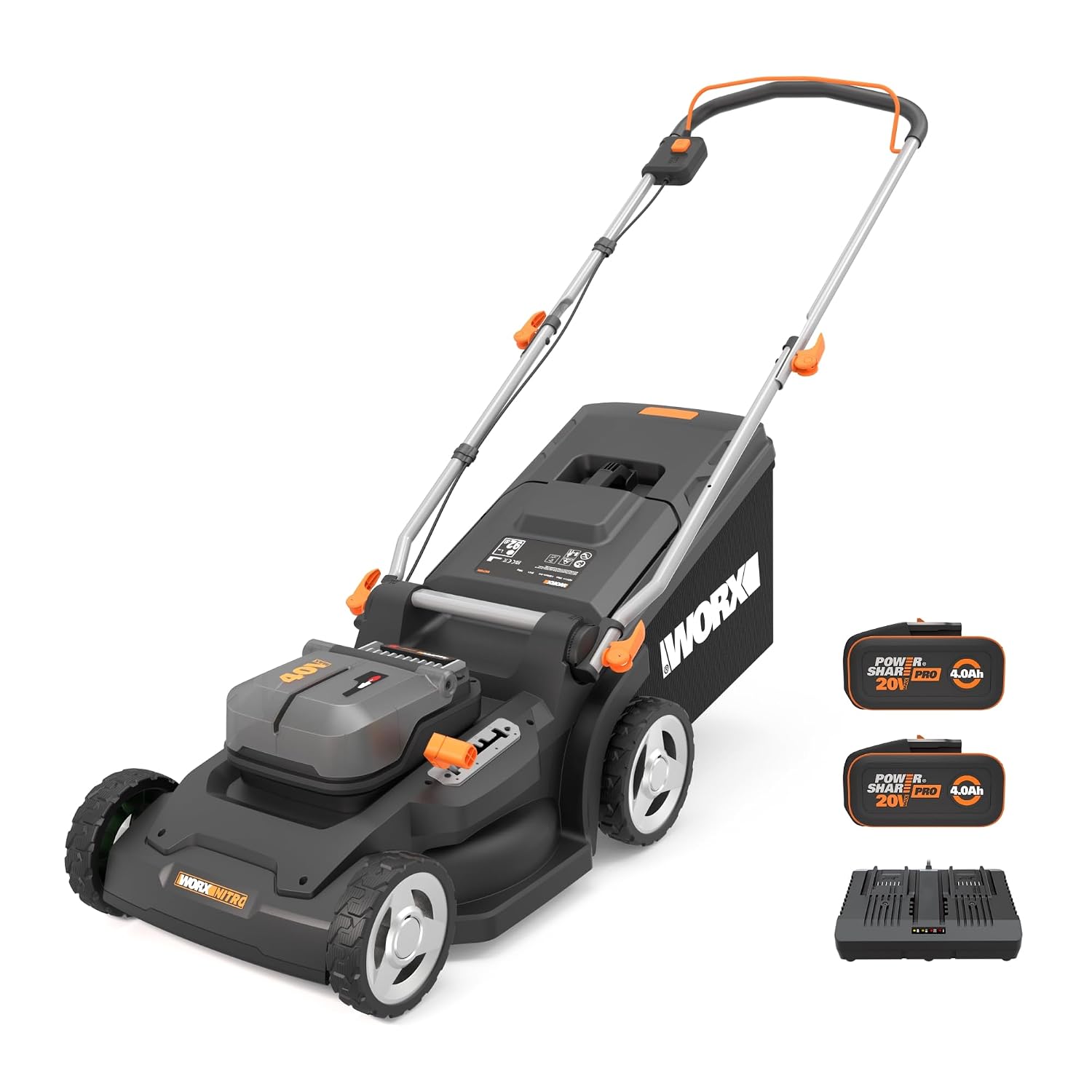 Cordless Lawn Mower 37cm Cutting Width 6 Height Settings 20-70mm 40V 4.0Ah Black