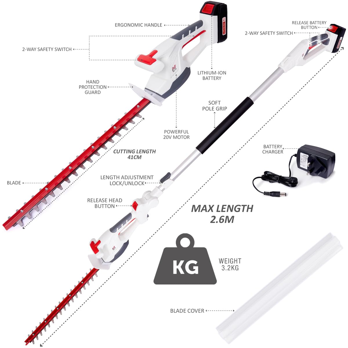 Cordless Hedge Trimmer & Chainsaw 4-In-1 20V Battery Powered Pole Saw White