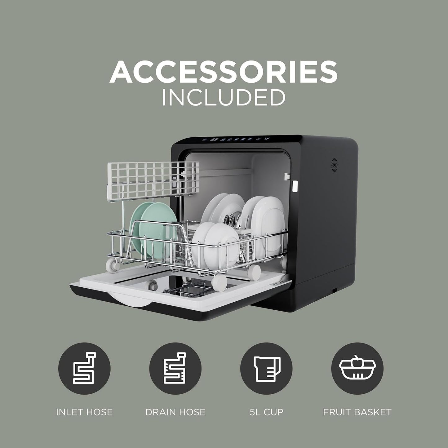 Mini Countertop Dishwasher 5L Touch Control LED Display 6 Programs Black