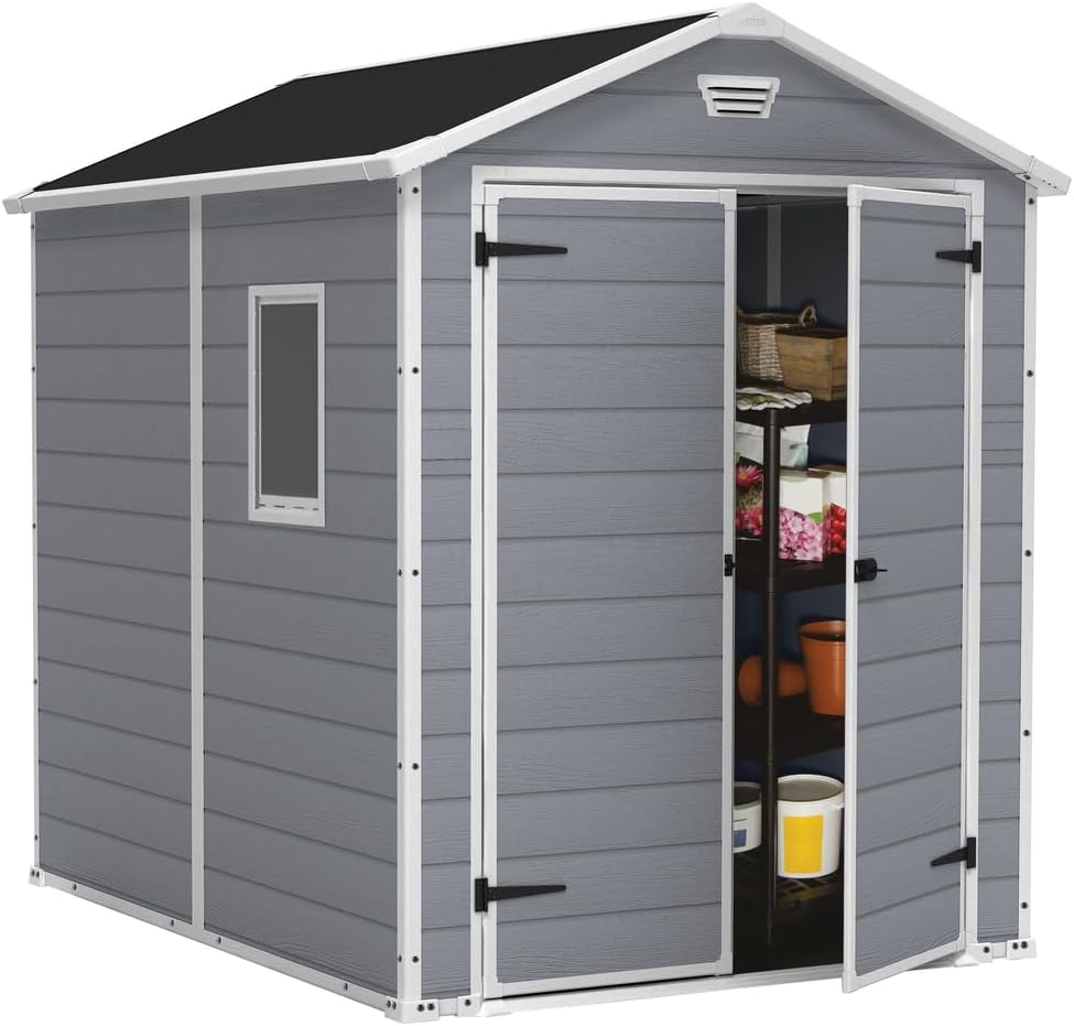 6x5ft Outdoor Plastic Garden Storage Shed — Weatherproof Grey Garden Shed