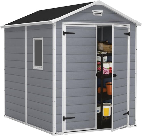 6x5ft Outdoor Plastic Garden Storage Shed — Weatherproof Grey Garden Shed