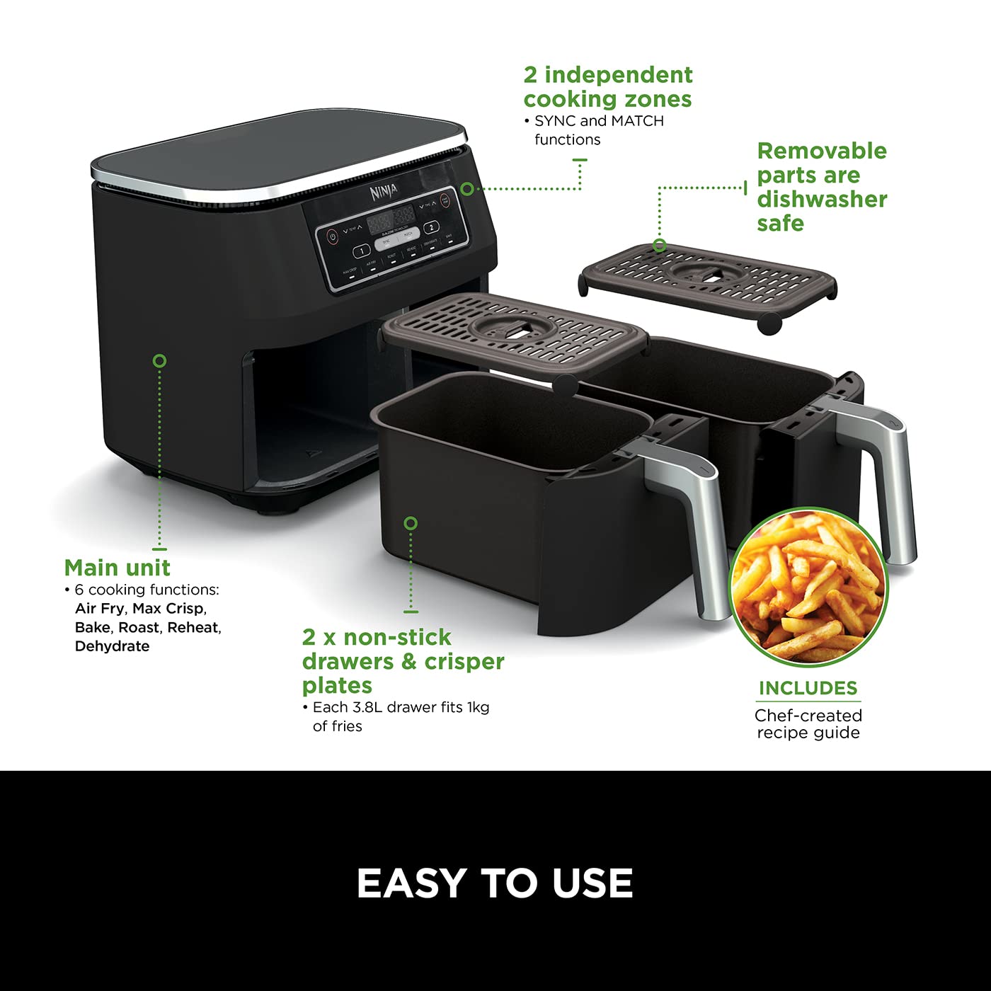 Dual Zone Digital Air Fryer 7.6L 6-in-1 Black
