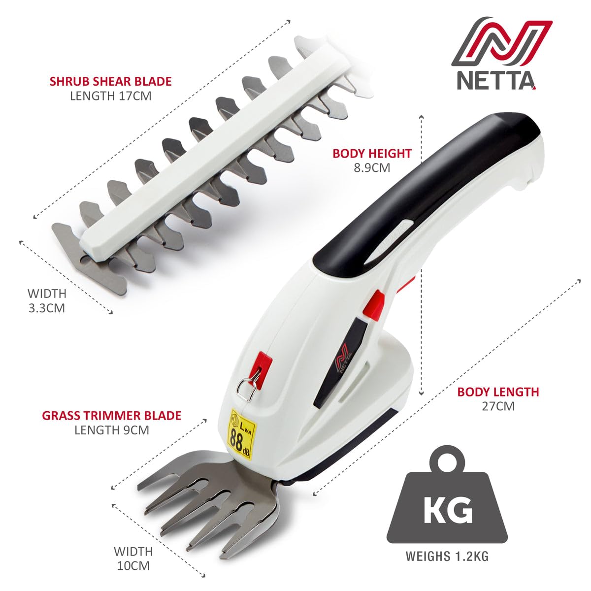 2-in-1 Cordless Hedge Trimmer & Grass Shear 7.2V 1500mAh 17cm Blade Black White