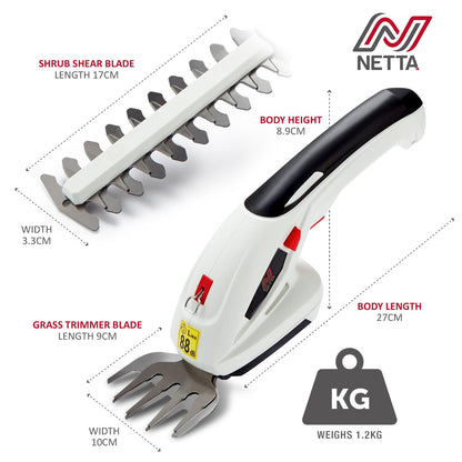 2-in-1 Cordless Hedge Trimmer & Grass Shear 7.2V 1500mAh 17cm Blade Black White