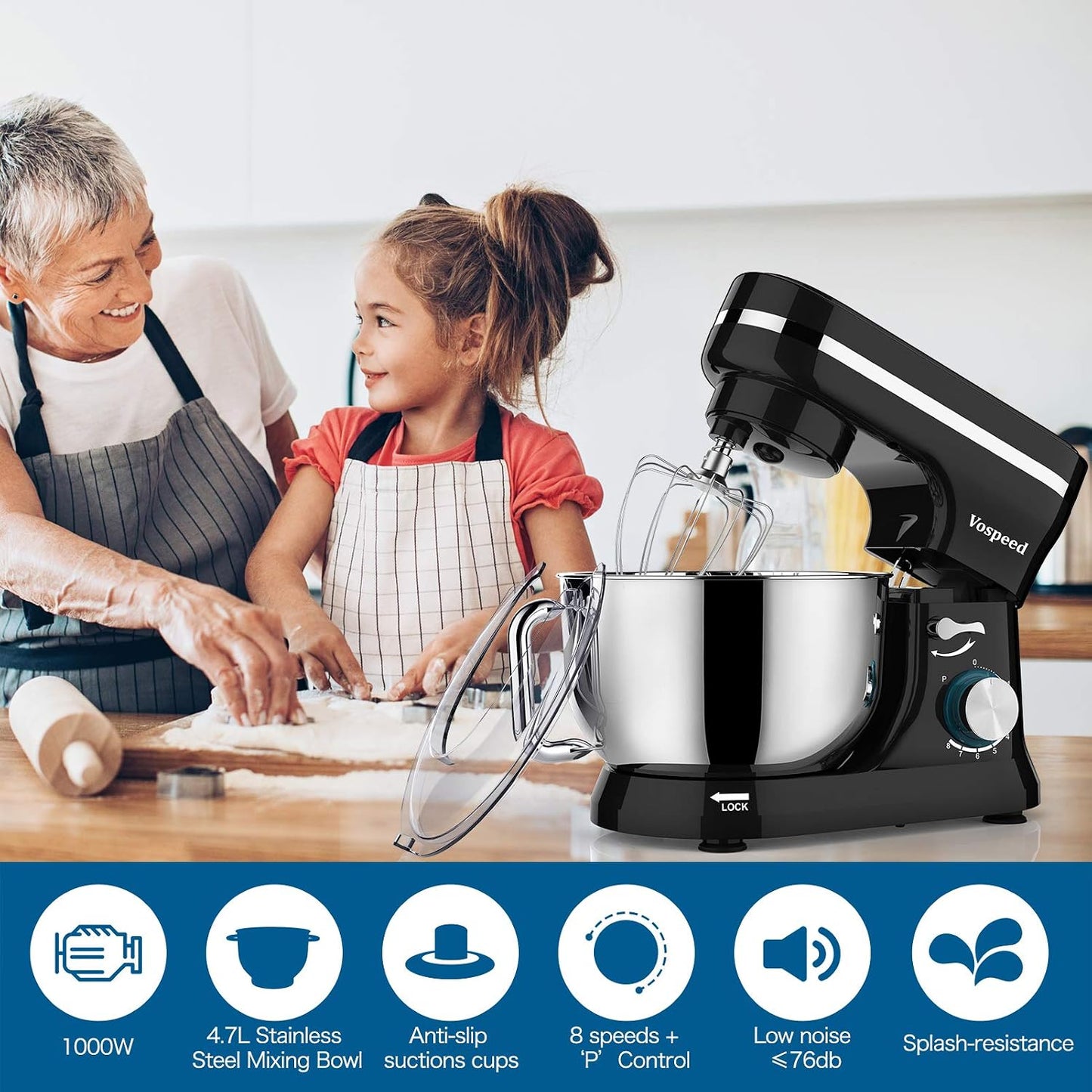 Stand Mixer 5-Quart 8-Speed 1000W Tilt-Head Black