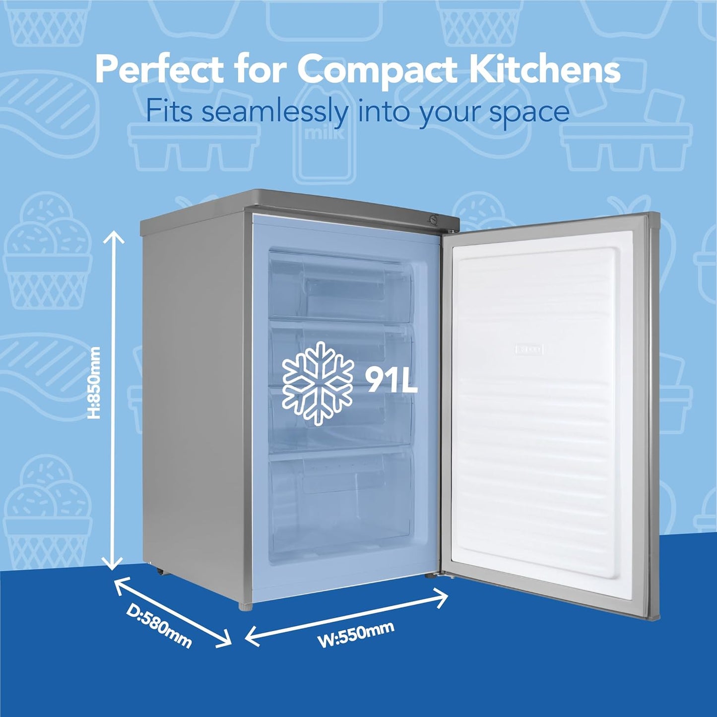Freestanding Under Counter Freezer 91L Reversible Door Silver