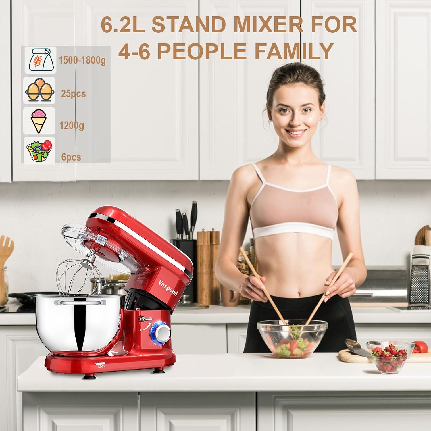Stand Mixer 6.2L 1500W 6 Speed Red