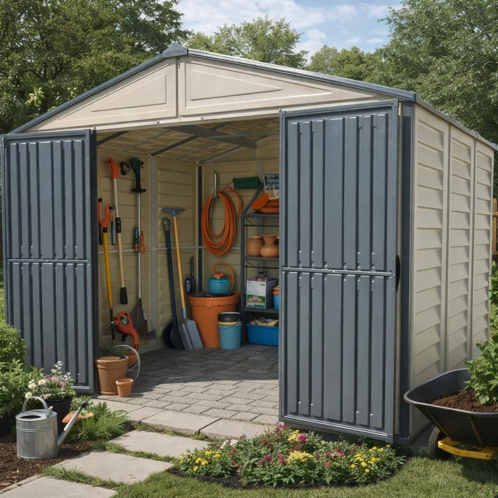 Plastic Garden Storage Shed 10.5 X 8 Ft Double Doors Lockable Dark Grey