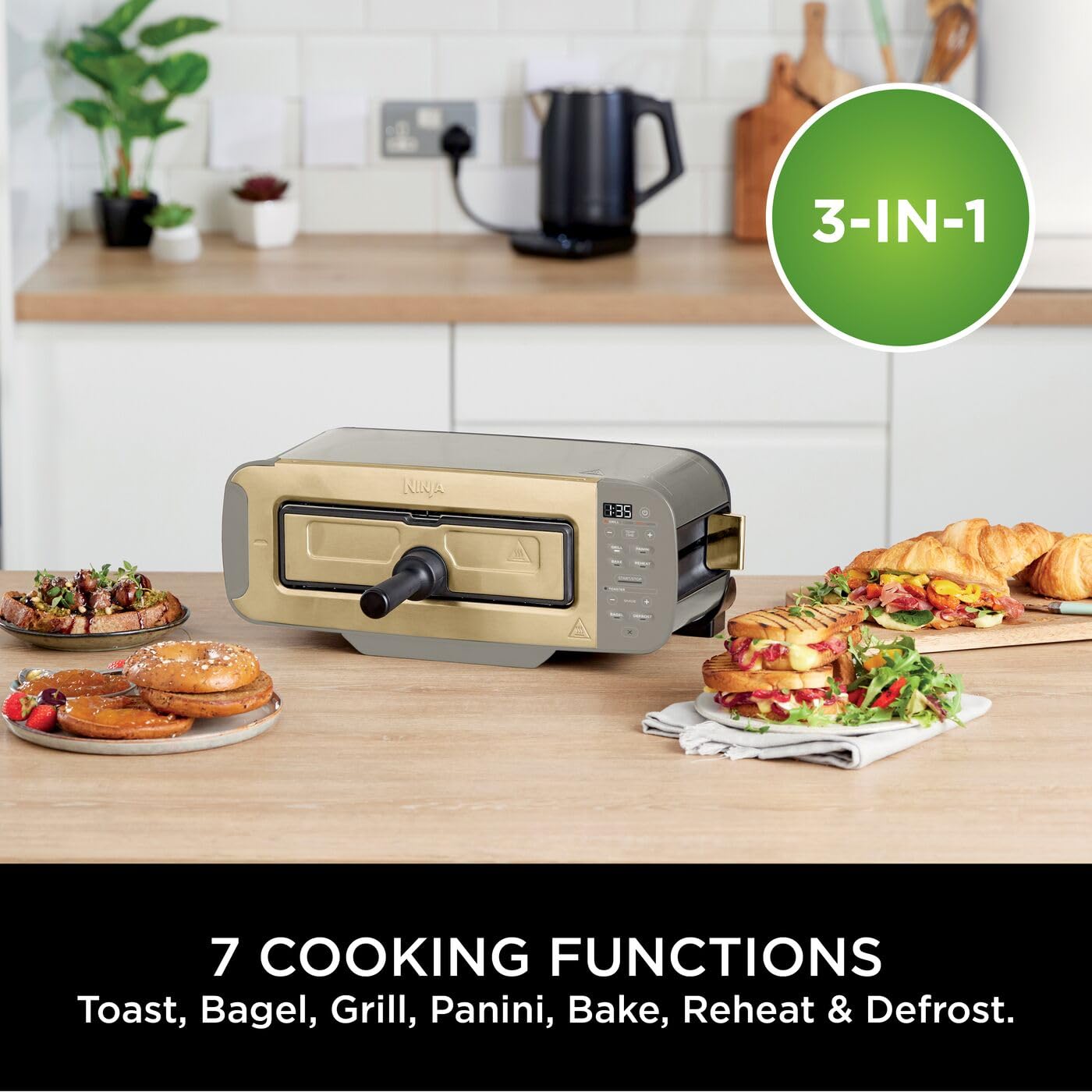 3-in-1 Toaster Grill And Panini Press 7 Functions Flip Design Stone Gold
