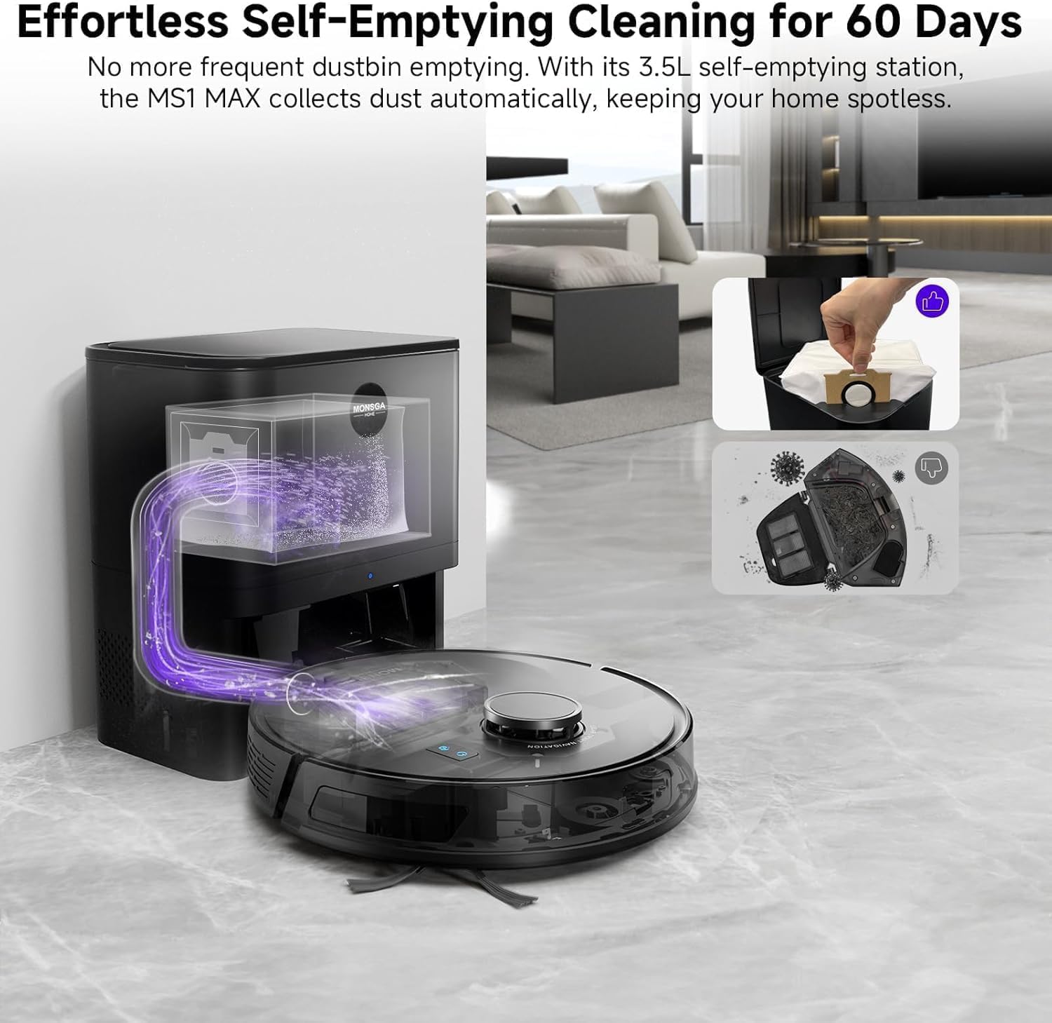 Robot Vacuum with Mop 7000Pa Suction Lidar Navigation Self-Empty Station Black