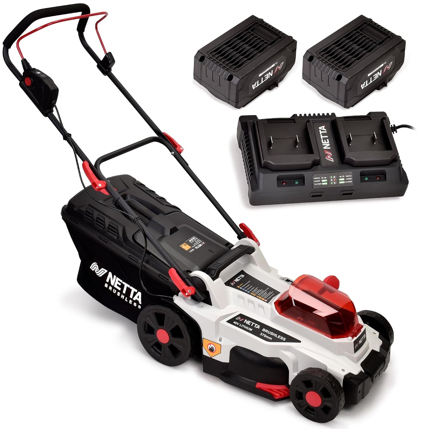 Cordless Lawn Mower 37cm 40V 2x4.0Ah Batteries 6 Heights 35L