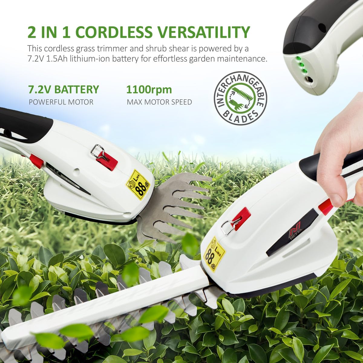 2-in-1 Cordless Hedge Trimmer & Grass Shear 7.2V 1500mAh 17cm Blade Black White