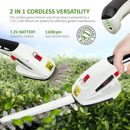 2-in-1 Cordless Hedge Trimmer & Grass Shear 7.2V 1500mAh 17cm Blade Black White