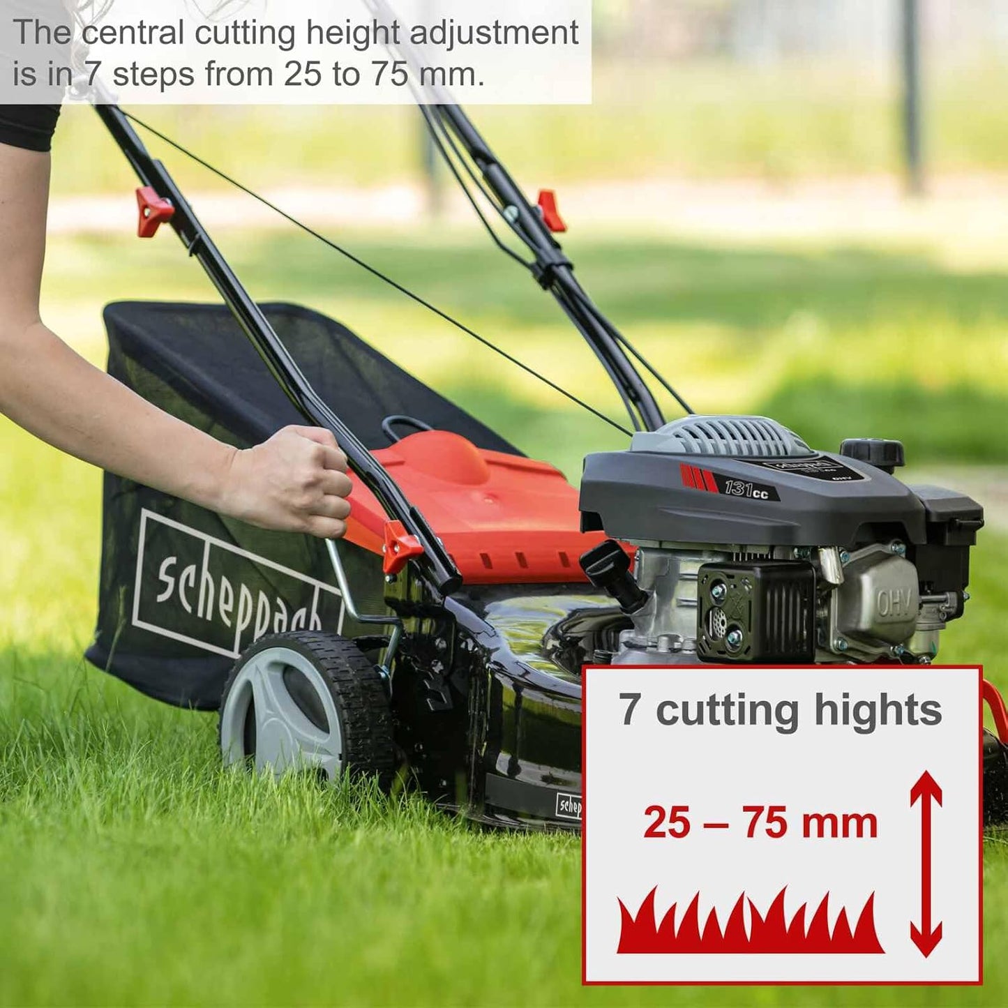 Self-Propelled Petrol Lawn Mower 42cm 131cc 45L Grass Box Red Black