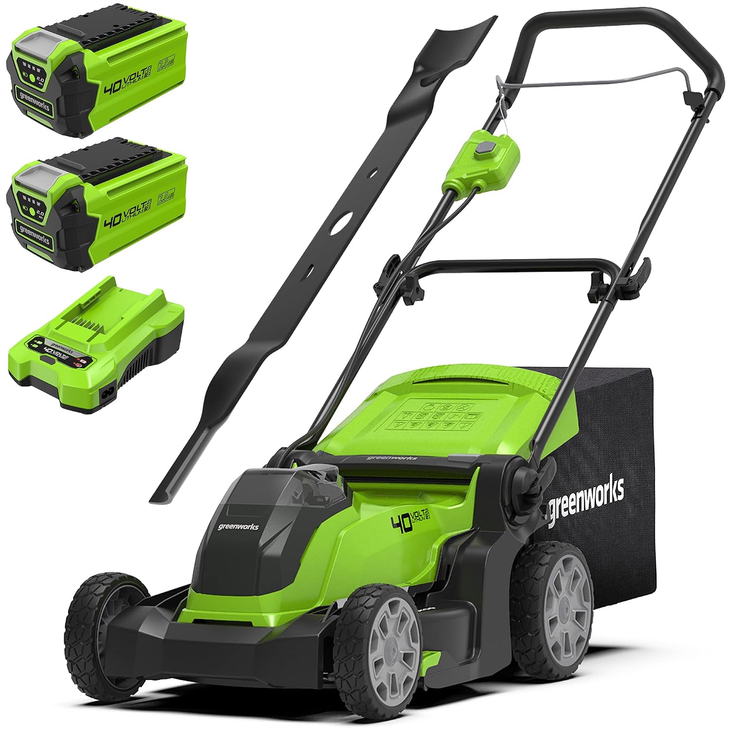 Cordless Lawnmower 41cm Cutting Width 50L Bag 2x 40V 2Ah Batteries