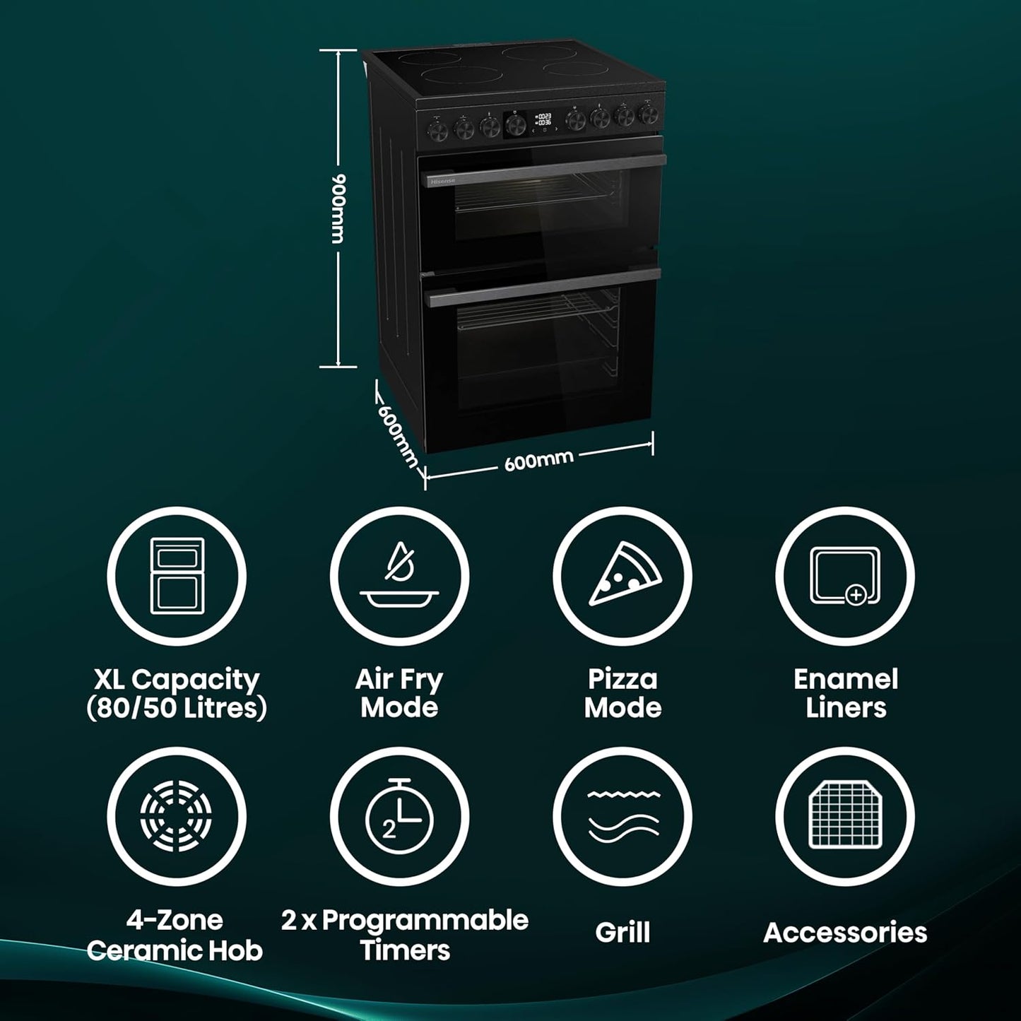 Electric Cooker 130L Double Oven Ceramic Hob A Rated Black