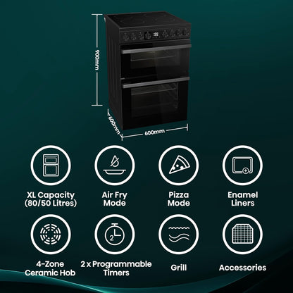 Electric Cooker 130L Double Oven Ceramic Hob A Rated Black