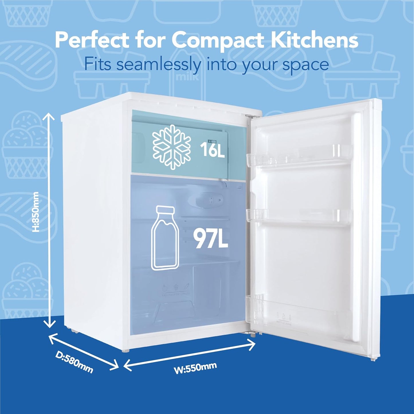 Under Counter Fridge 97L Freestanding With Reversible Door White