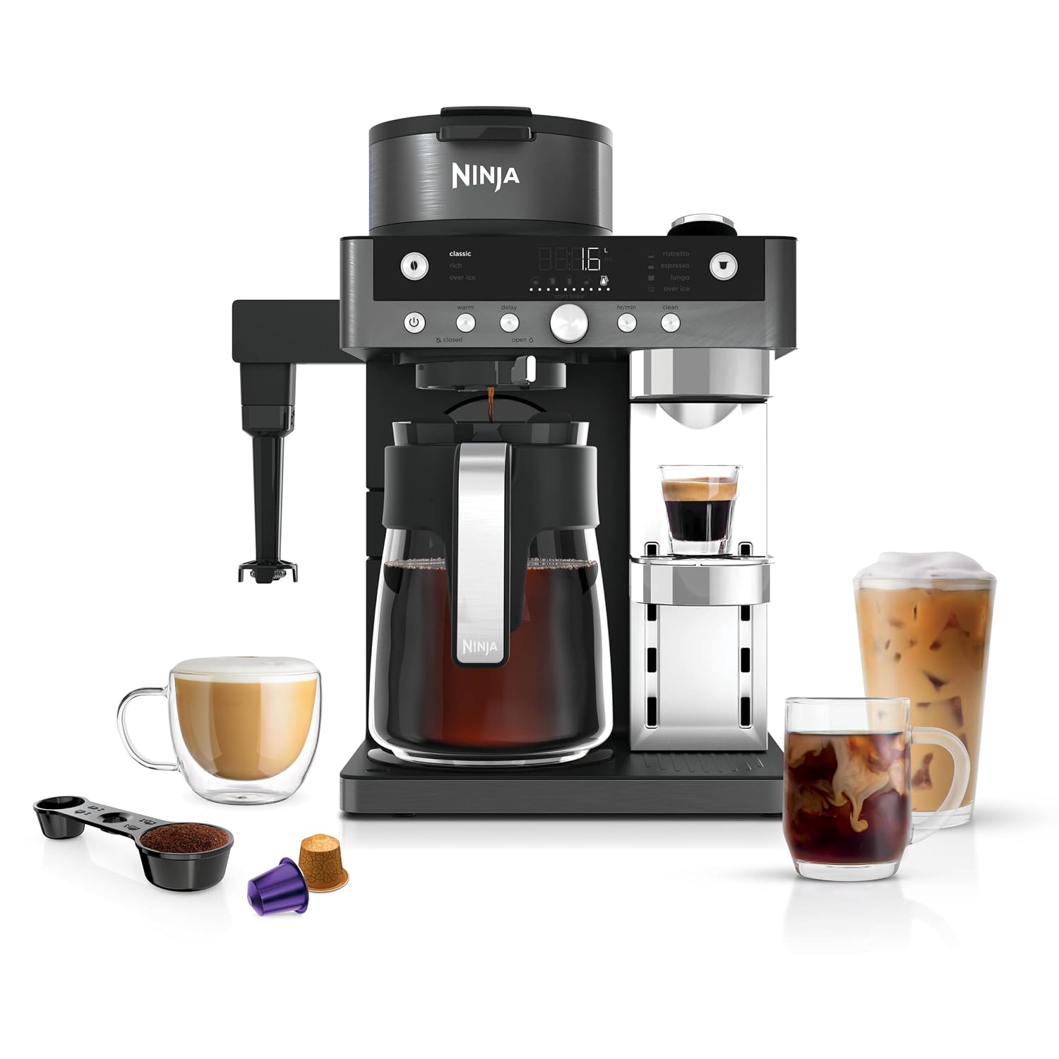 2-in-1 Filter Coffee and Pod Capsule Machine with Built-in Milk Frother 1.8L Gunmetal