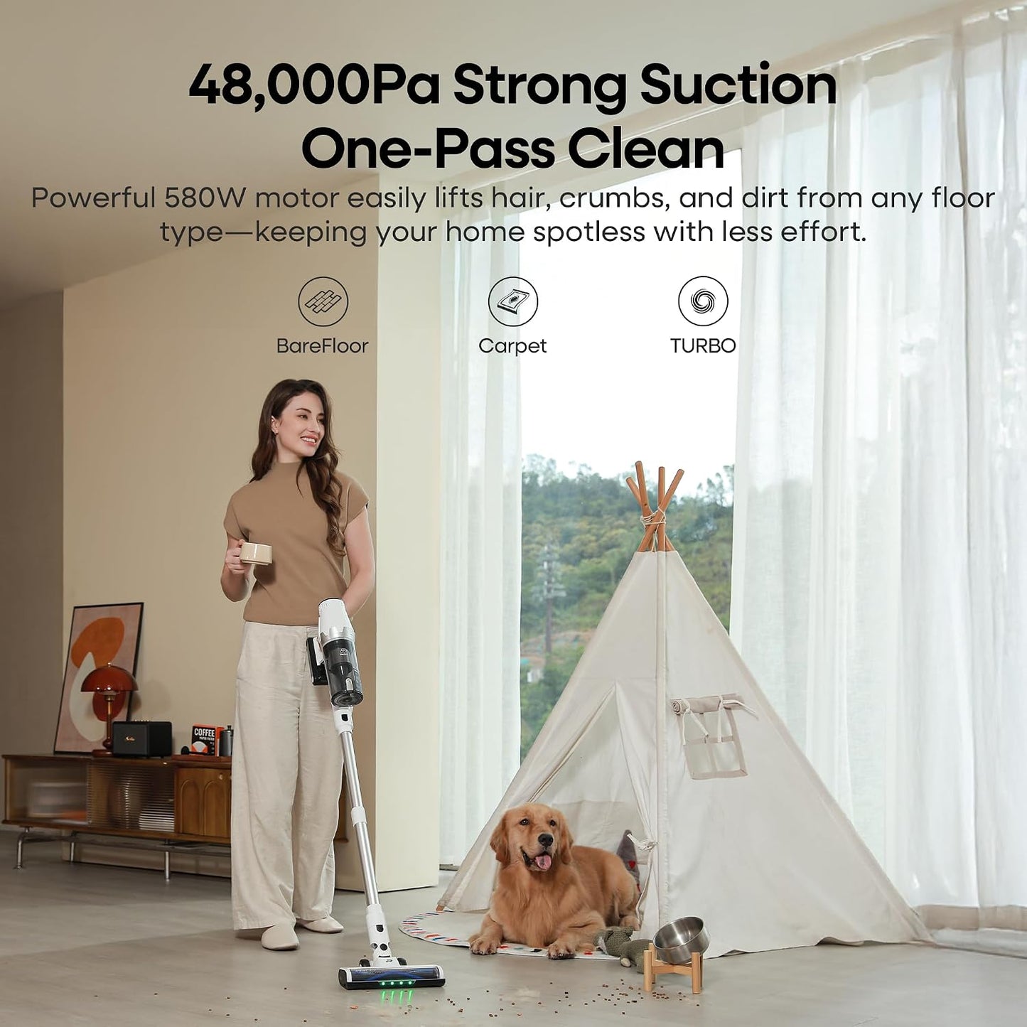 Cordless Stick Vacuum Cleaner 580W 48KPa Suction 65 Min White