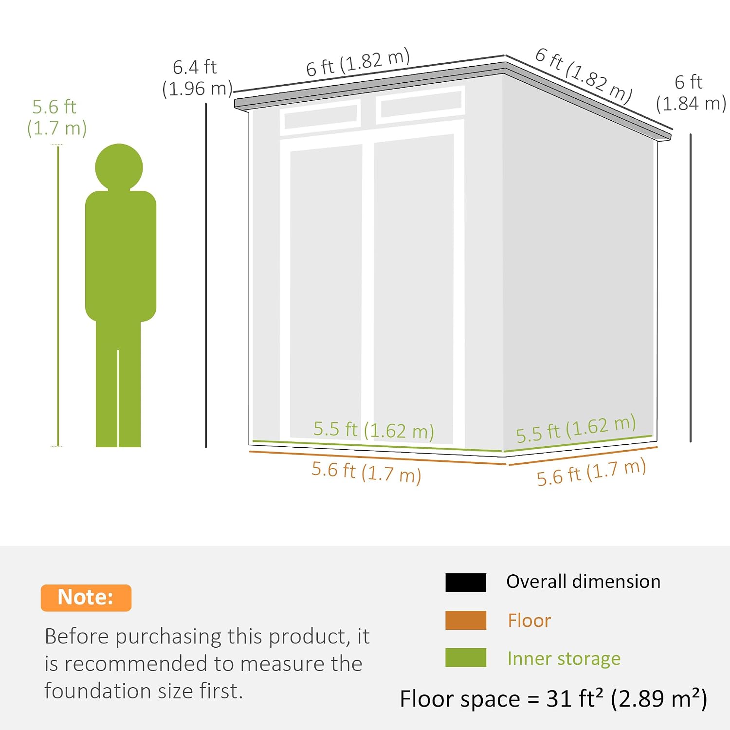 Plastic Garden Storage Shed 6 X 6 Ft Dark Grey Aluminium Frame Double Doors