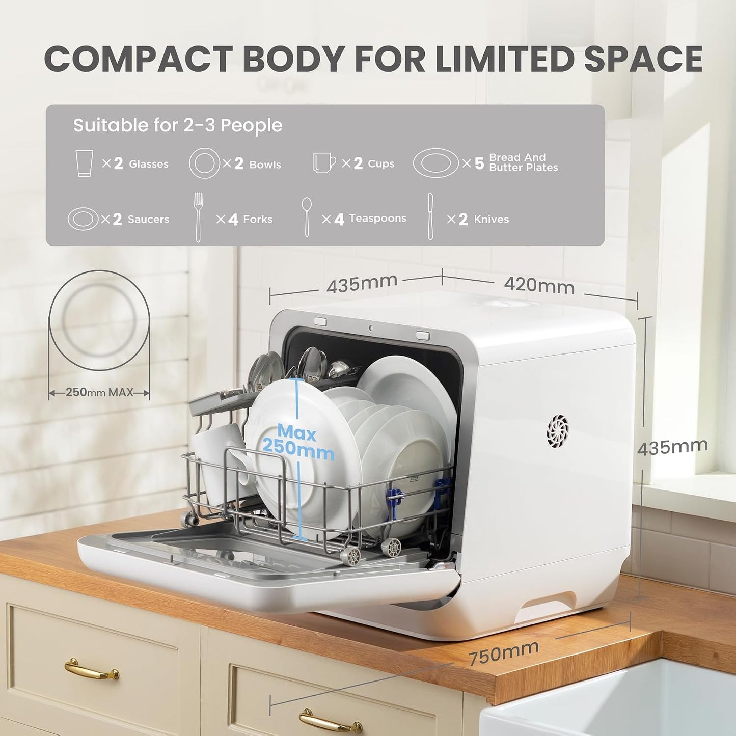 Table Top Dishwasher 6 Programs 5L Tank 72H Storage White