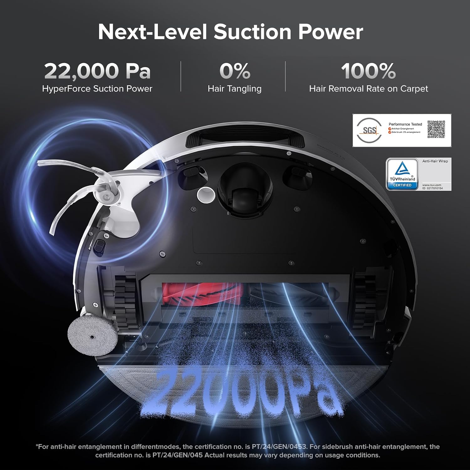 Robot Vacuum Cleaner 22,000 Pa 3.14-Inch Ultra Slim Zero-Tangling AI 3.0 Obstacle Avoidance White