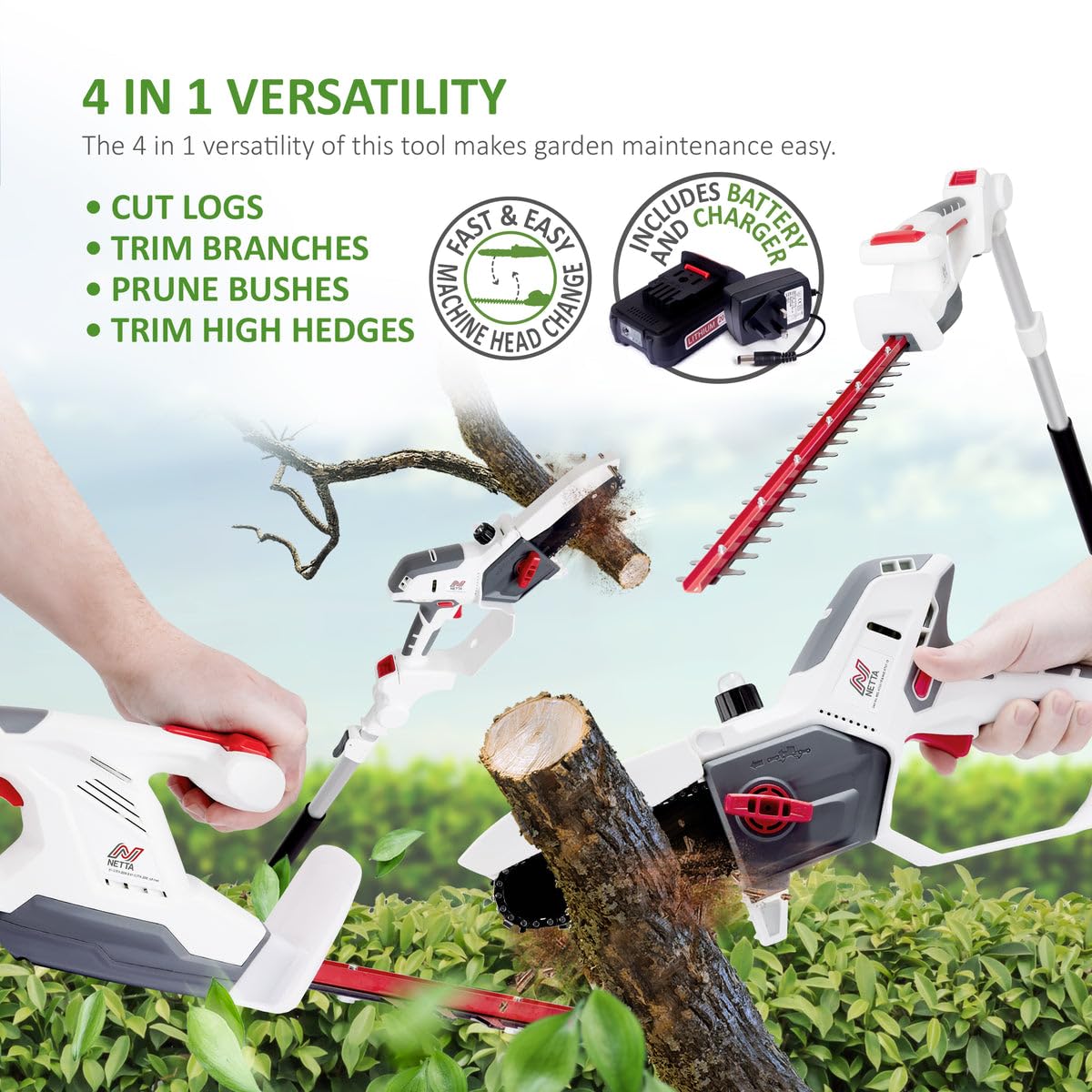 Cordless Hedge Trimmer & Chainsaw 4-In-1 20V Battery Powered Pole Saw White