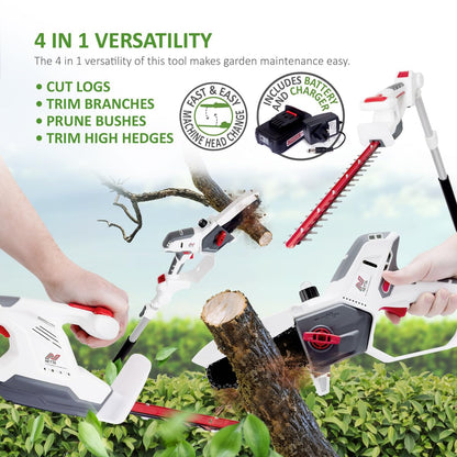 Cordless Hedge Trimmer & Chainsaw 4-In-1 20V Battery Powered Pole Saw White