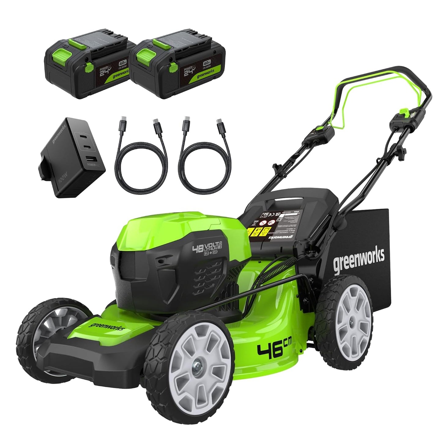 Cordless Lawn Mower 46cm 48V Self-Propelled 55L Bag 2x4Ah Batteries