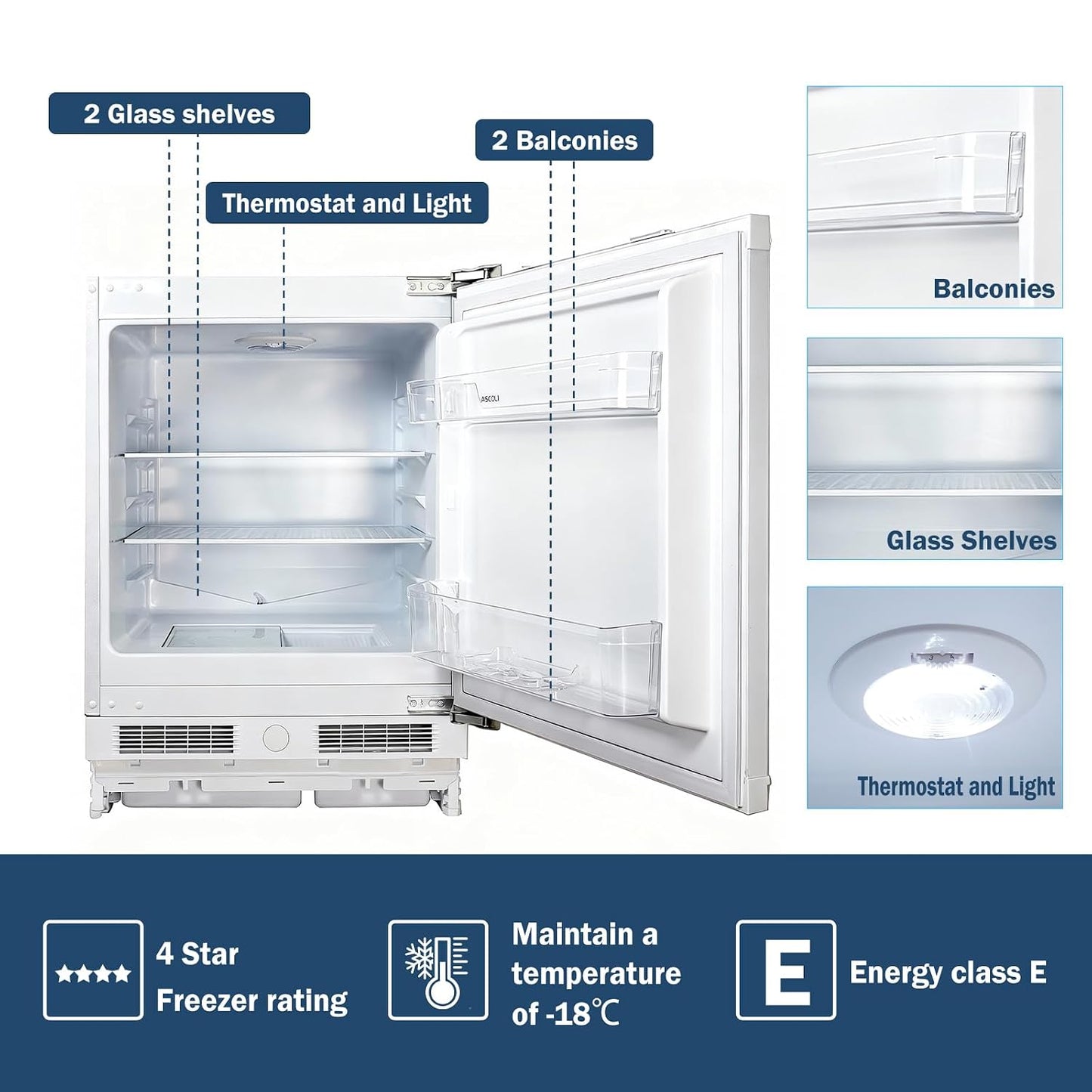 Integrated Under Counter Fridge 110L LED Light Reversible Door White