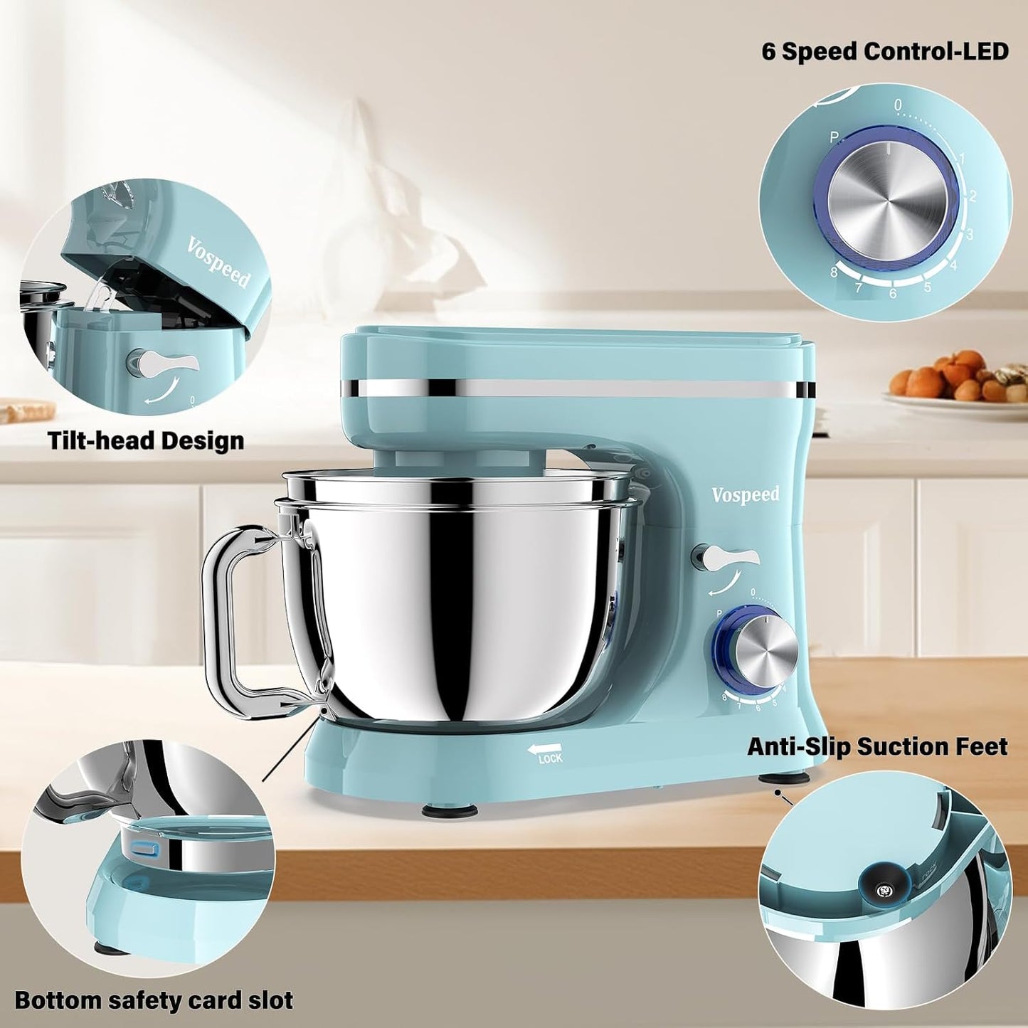 Stand Mixer 4.5L+5L Bowls 8-Speed 1000W Tilt-Head Blue