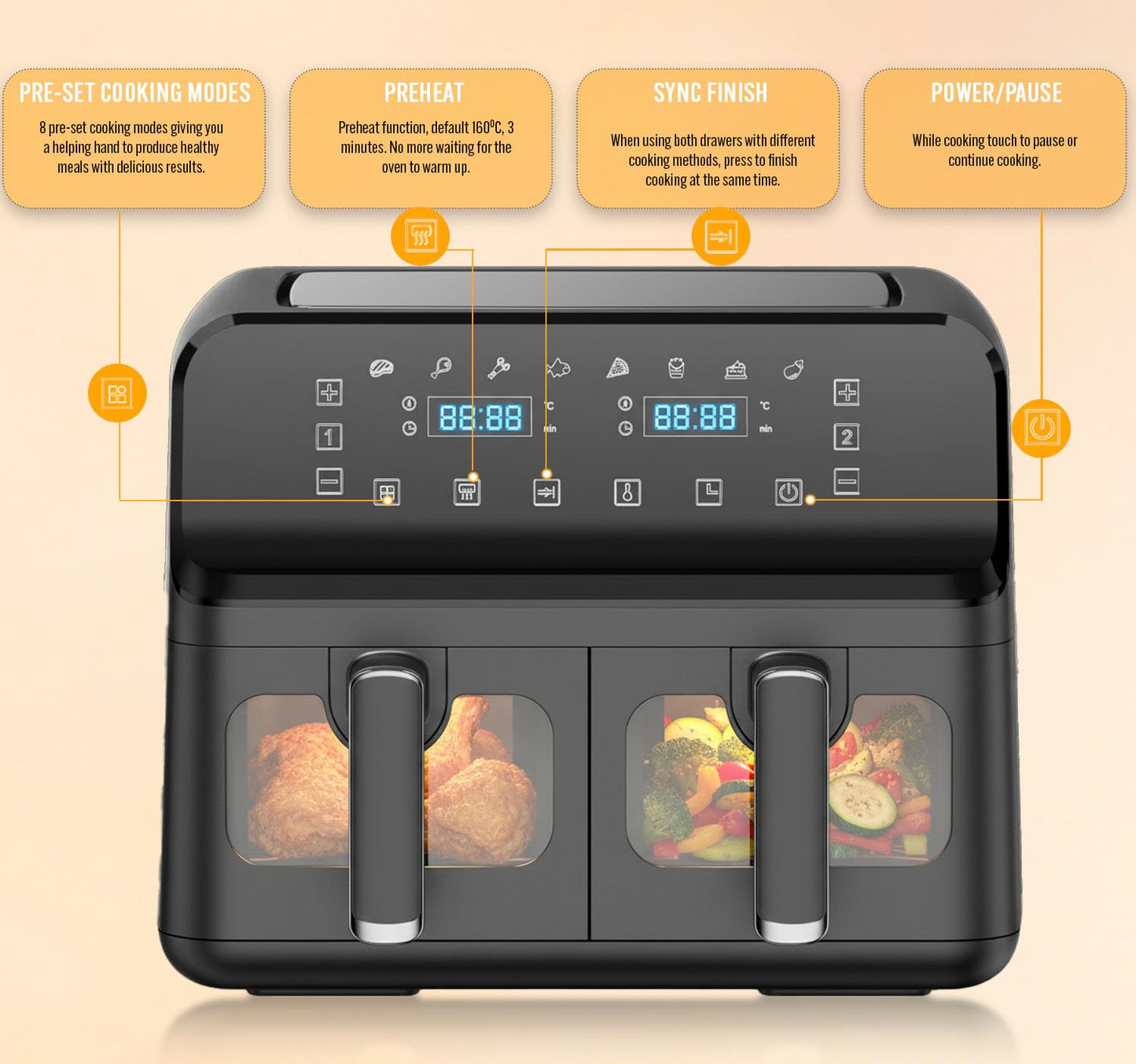 Dual Air Fryer 9L 2500W 8 Presets Digital Display Black
