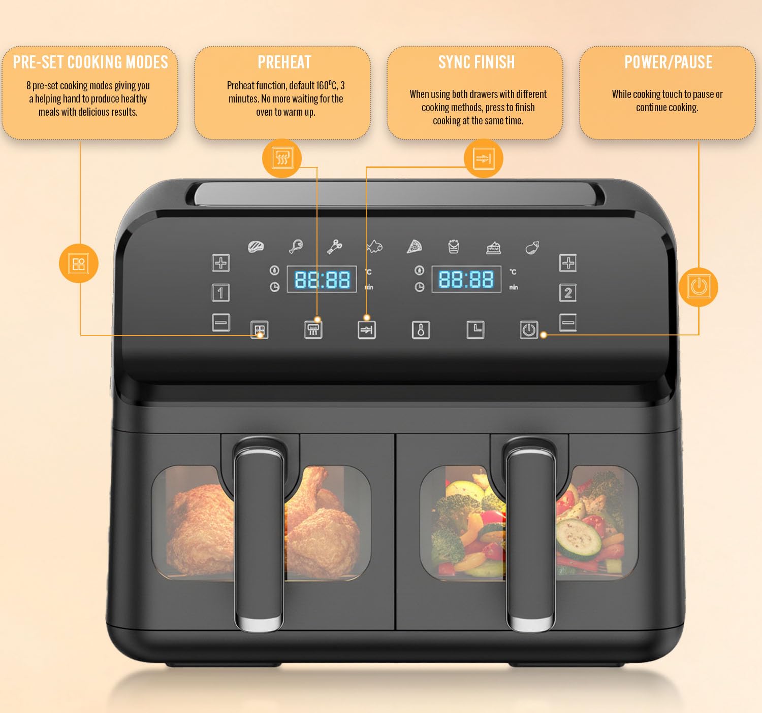 Dual Air Fryer 9L 2500W 8 Presets Digital Display Black