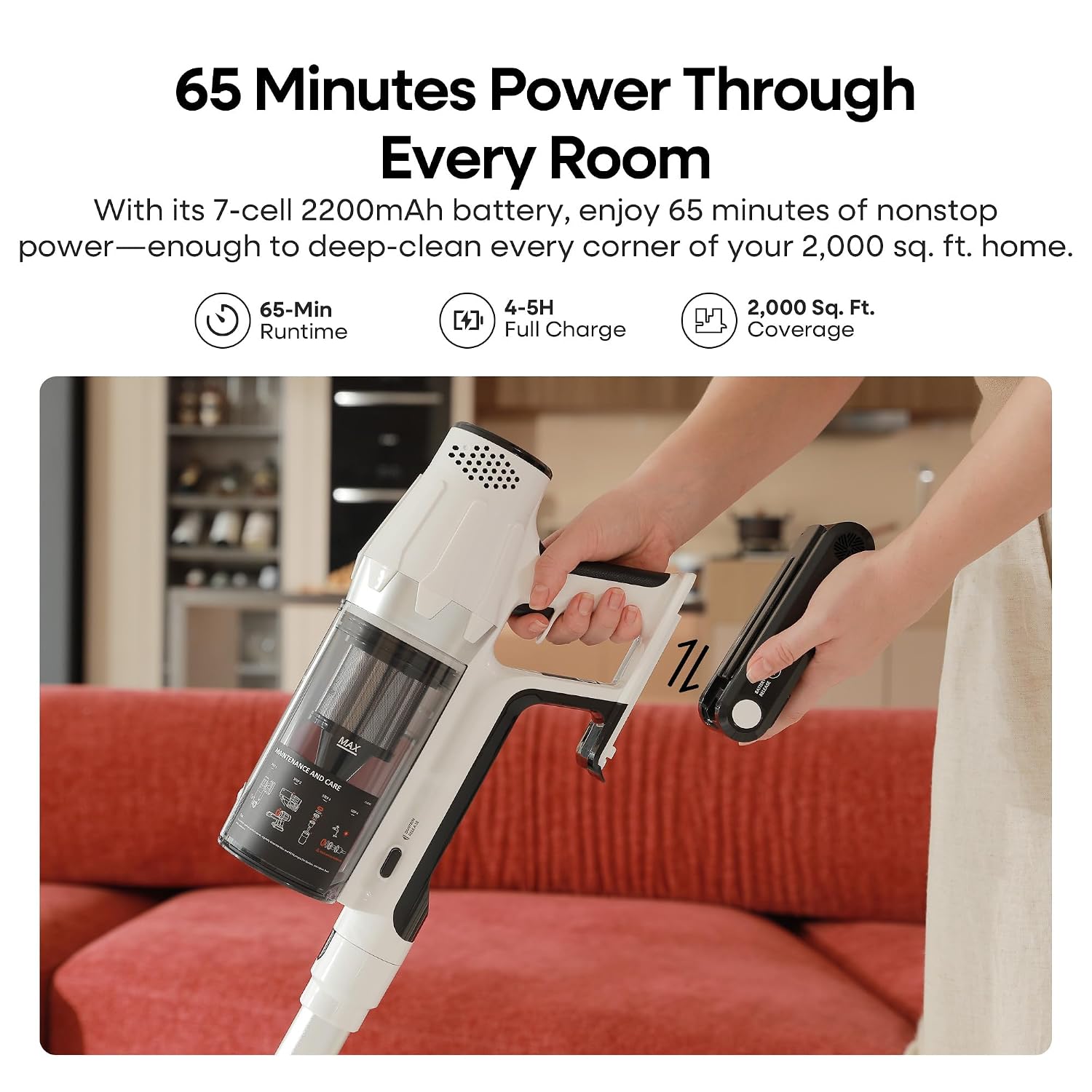 Cordless Stick Vacuum Cleaner 580W 48KPa Suction 65 Min White