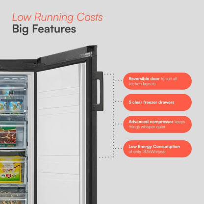 Tall Freestanding Freezer 142L Reversible Door 42dB Black