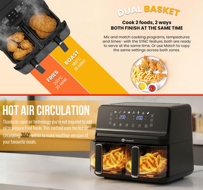 Dual Air Fryer 9L 2500W 8 Presets Digital Display Black