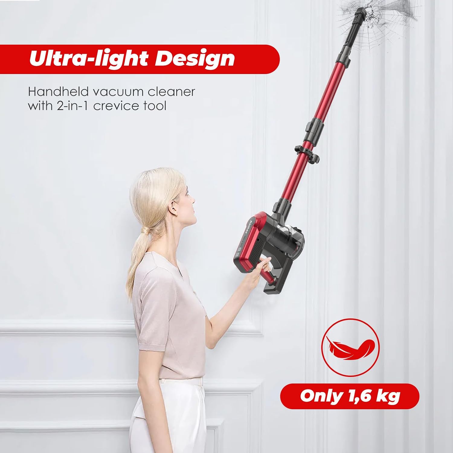 Cordless Stick Vacuum Cleaner 450W 45kPa Suction 60min Runtime Red