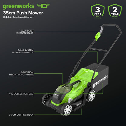 Cordless Lawn Mower 35cm 40L Bag 2x40V 2Ah Batteries Green