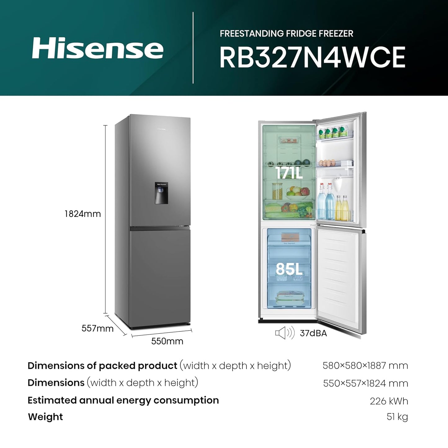 Freestanding Fridge Freezer 256L Total No Frost Water Dispenser Silver