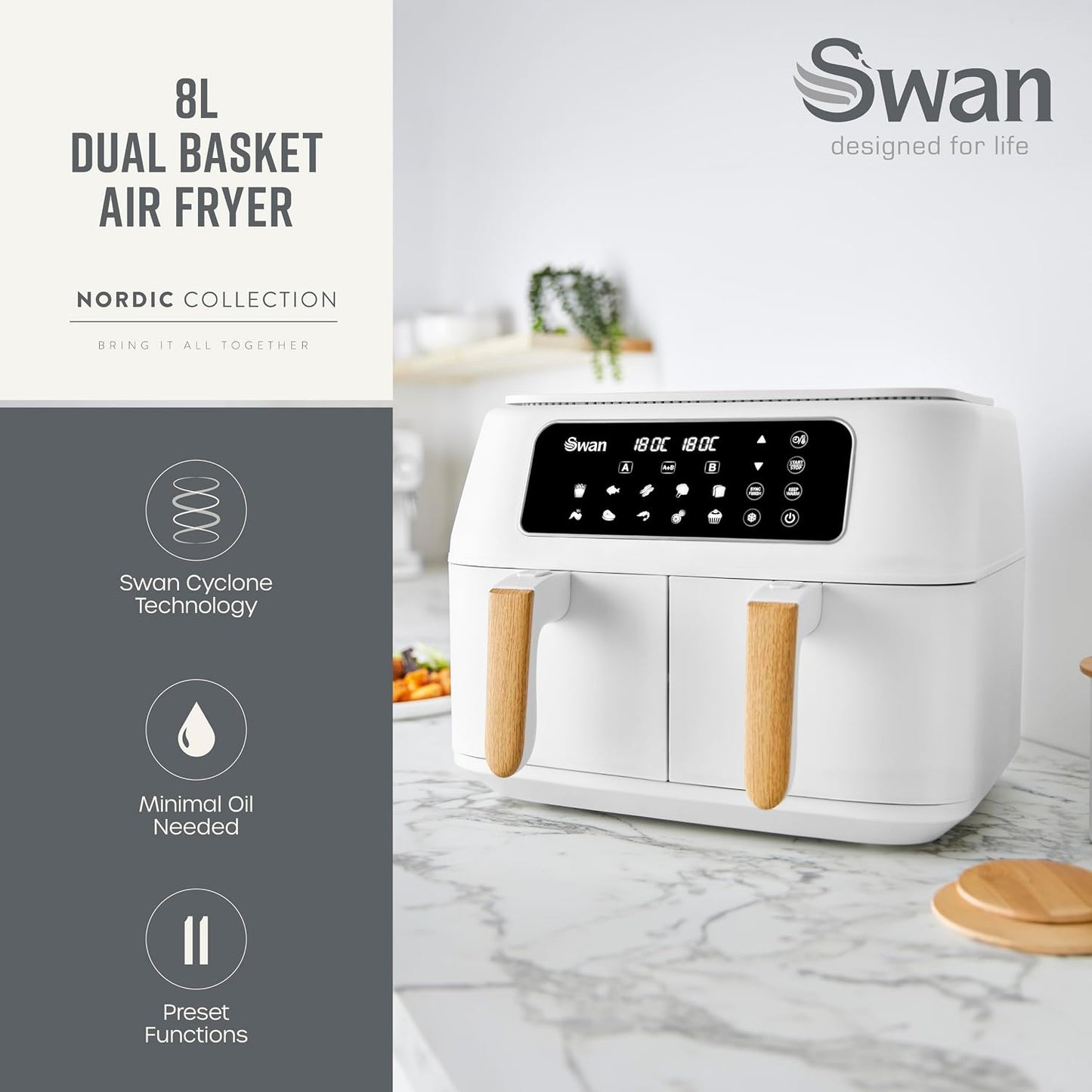 Air Fryer 8L Dual Basket 13 Presets Match Cook White