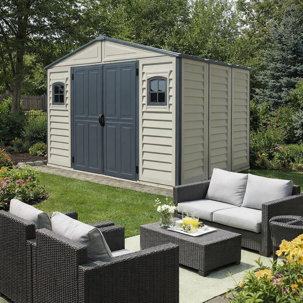 Plastic Garden Storage Shed 10.5 X 8 Ft Double Doors Lockable Dark Grey