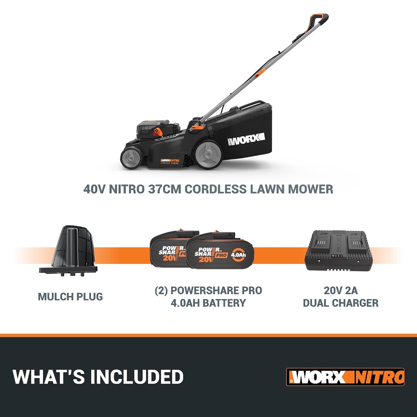 Cordless Lawn Mower 37cm Cutting Width 6 Height Settings 20-70mm 40V 4.0Ah Black